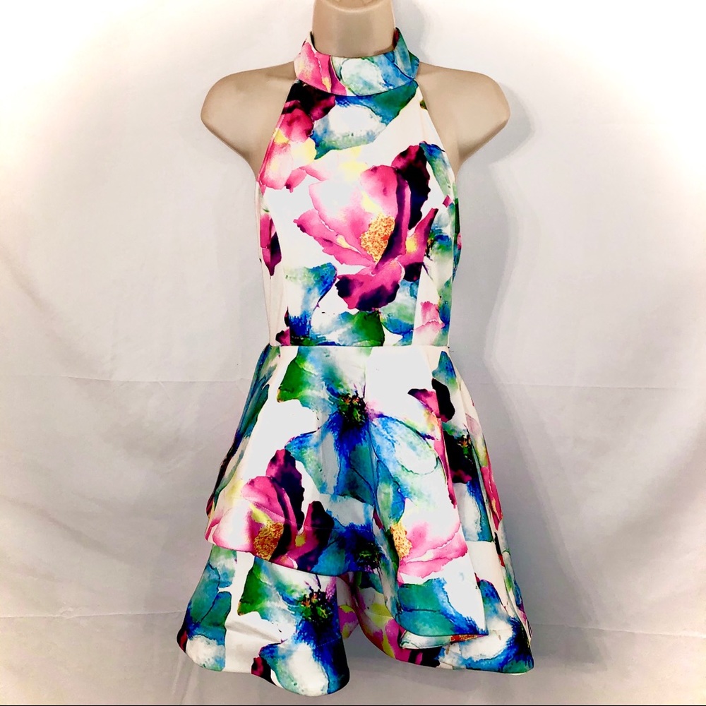 Multicolored ruffle backless floral dress